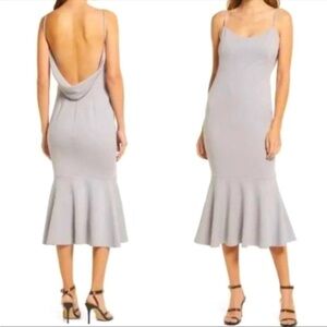 NWT Katie May Twirl Cowl Drape Back Midi Ruffle Dress in Dove Gray, size XL